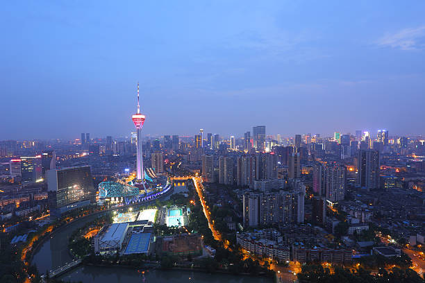 istock Night view of television tower in Chengdu downtown 625502248
