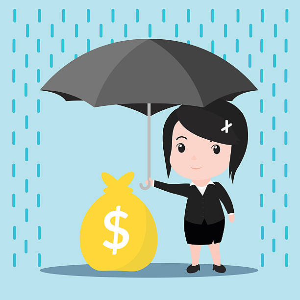 illustrations, cliparts, dessins animés et icônes de femmes d’affaires avec parapluie sous la pluie protège une pile - security umbrella rain currency