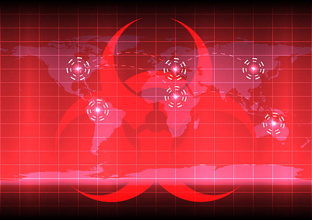 istock World map with bio hazard symblo  on red color background 625505800