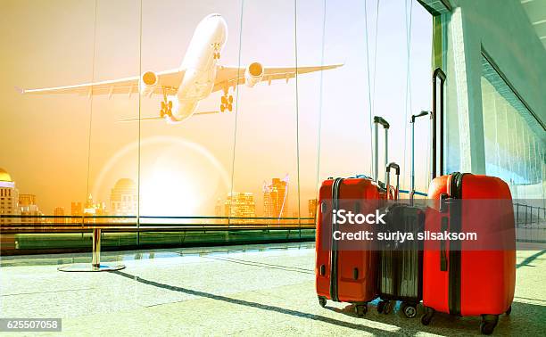 Stack Of Traveling Luggage In Airport Terminal Building And Pass Stock Photo - Download Image Now