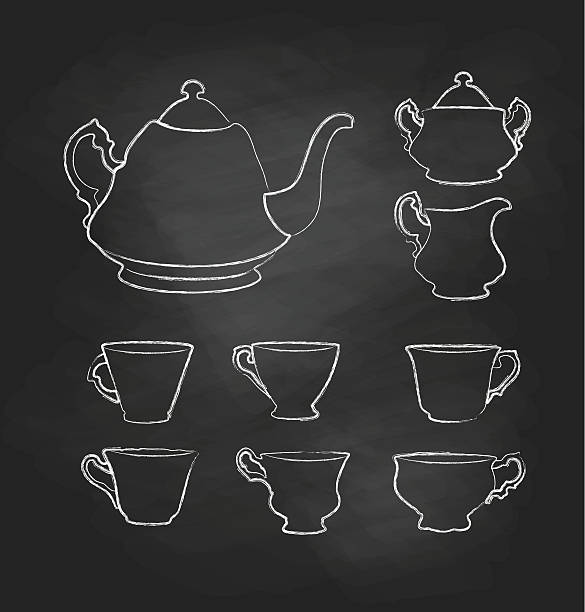 Chalkboard Teatime Set A chalk outline vector silhouette illustration of a tea set with a tea pot, sugar jar, creamer, and six different tea cups. sugar bowl crockery stock illustrations