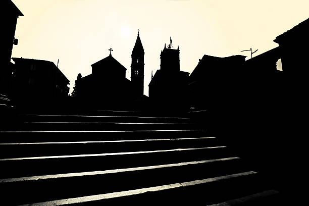 Supetar church and landmarks black and white Supetar church and landmarks black and white silhouette view, Island of Brac, Dalmatia, Croatia old catholic church on island brac croatia stock pictures, royalty-free photos & images