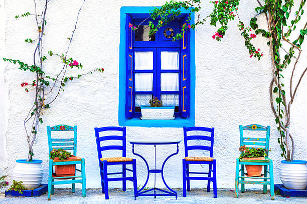 s mall street tavernas, ilha kos - scenics multi colored greece blue - fotografias e filmes do acervo