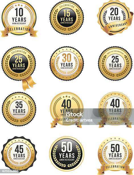 Anniversary Gold Badge Set Stock Illustration - Download Image Now - Anniversary, Badge, 25-29 Years