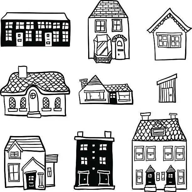 Vector illustration of Different types of houses in black and white