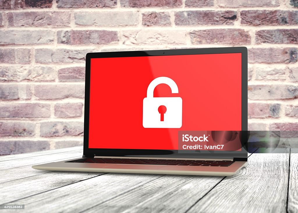 3D Red Laptop Padlock Password Lock. Safe Safety Privacy Concept 3D Red Laptop Padlock Password Lock. Safe Safety Privacy Concept Illustration. Blue Stock Photo