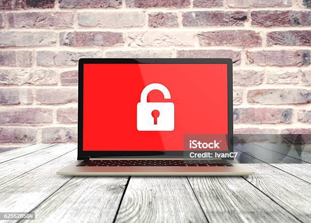 3d Red Laptop Padlock Password Lock Safe Safety Privacy Concept Stock Photo - Download Image Now