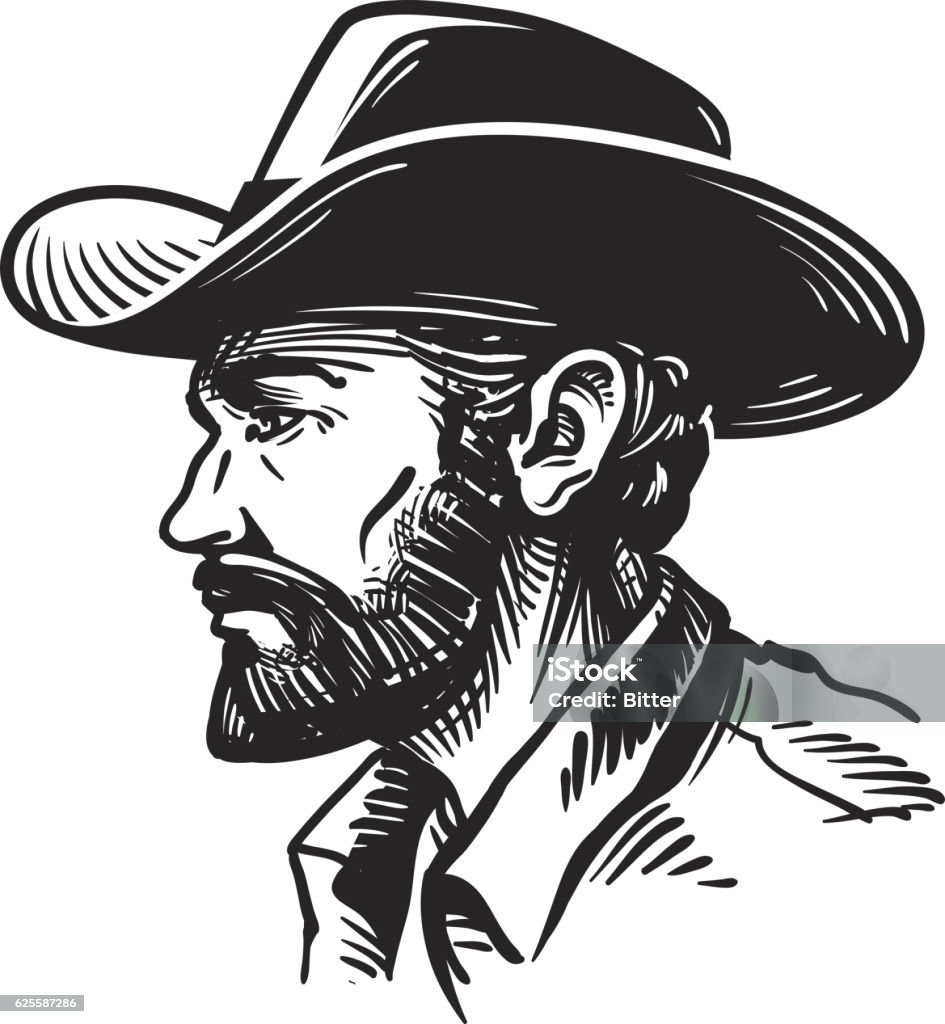 Portrait man in cowboy hat. Sketch vector illustration Portrait man in cowboy hat. Sketch vector illustration isolated on white background Cowboy stock vector