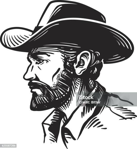 Portrait Man In Cowboy Hat Sketch Vector Illustration Stock Illustration - Download Image Now
