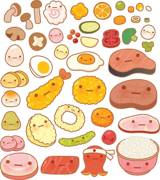 Vector illustration of Collection of lovely baby japanese oriental food doodle icon, cu