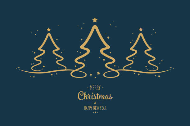 ilustrações de stock, clip art, desenhos animados e ícones de gold christmas trees stars greeting blue background - xmas modern trees night