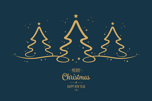 gold christmas trees stars greeting blue background