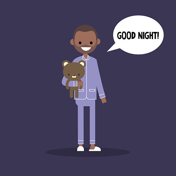 симпатичный черный человек в пижаме говоря: "спокойной ночи!" - men sleeping african descent shoe stock illustrations