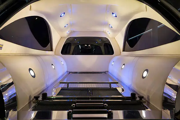 Interior of hearse used for funeral ceremonies.