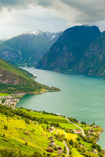 View of the fjords and Aurland valley in Norway Tourism and travel. Scenic nature landscape. View of the picturesque Aurland valley and fjords from Stegastein viewpoint, Norway Scandinavia. stegastein viewpoint stock pictures, royalty-free photos & images