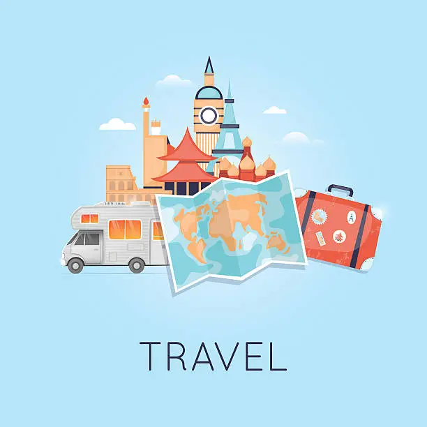 Vector illustration of Travel by camper. World Travel.