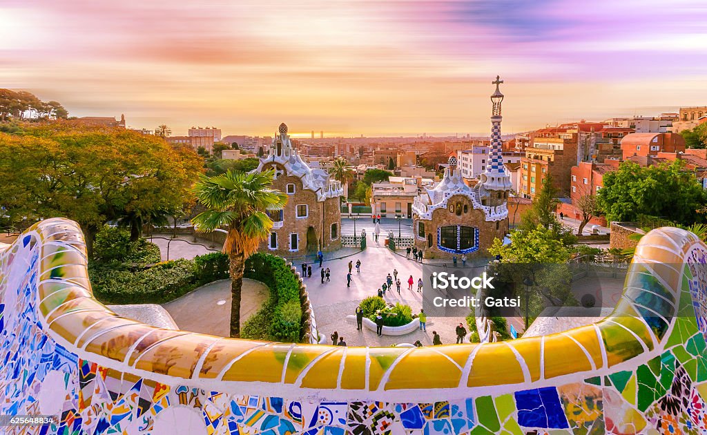 View of the city from Park Guell in Barcelona, Spain View of the city from Park Guell in Barcelona, Spain with moving clouds. Park Guell Stock Photo