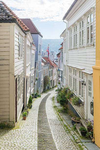 istock Bergen, Norway - Street with Norwegian flag 625650956
