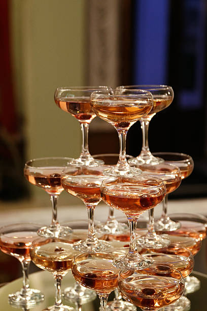 istock Stack of champagne glasses on table in wedding party 625651464
