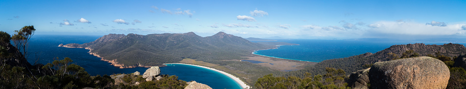 Panoramic view over the Freycinet Peninsula on the East coast of Tasmania, looking towards Wineglass Bay from the top of Mt Amos.