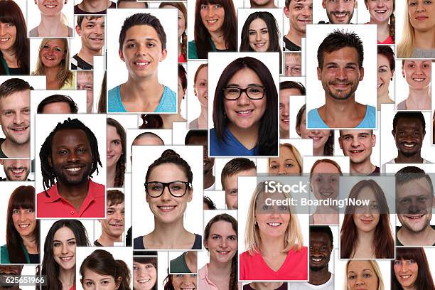 Background Collage Group Of Multiracial Young Smiling Happy People Stock Photo - Download Image Now