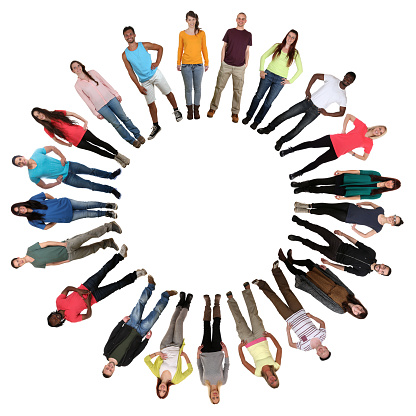 People in circle multicultural multi ethnic group of young  isolated on a white background