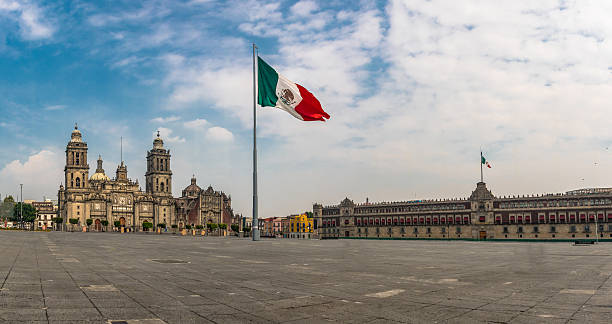 panoramic view of zocalo and cathedral - mexico city, mexico - photography tower cityscape flag imagens e fotografias de stock