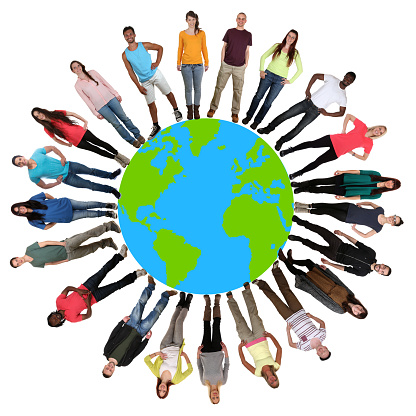 Group of young people environmental protection happy multicultural multi ethnic on world earth planet