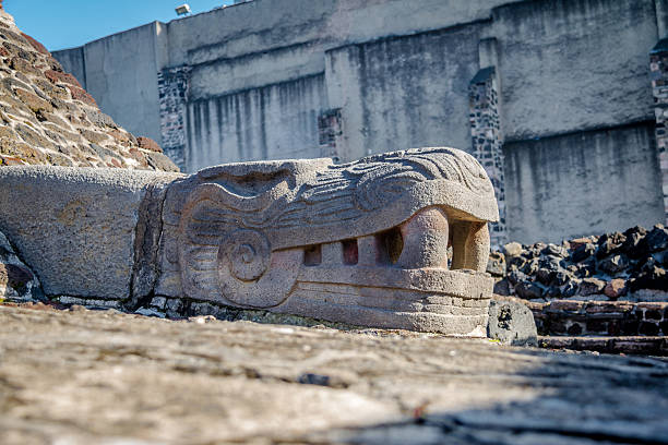 cabeza de escultura de serpiente en el templo azteca - ciudad de méxico, méxico - mexico the americas ancient past fotografías e imágenes de stock