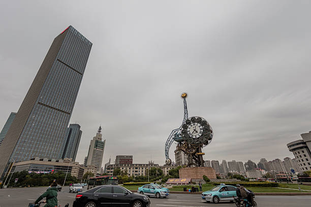 Tianjing, China - October 20, 2016:  View of Tianjin Century Clock and office buildings around at downtown, 