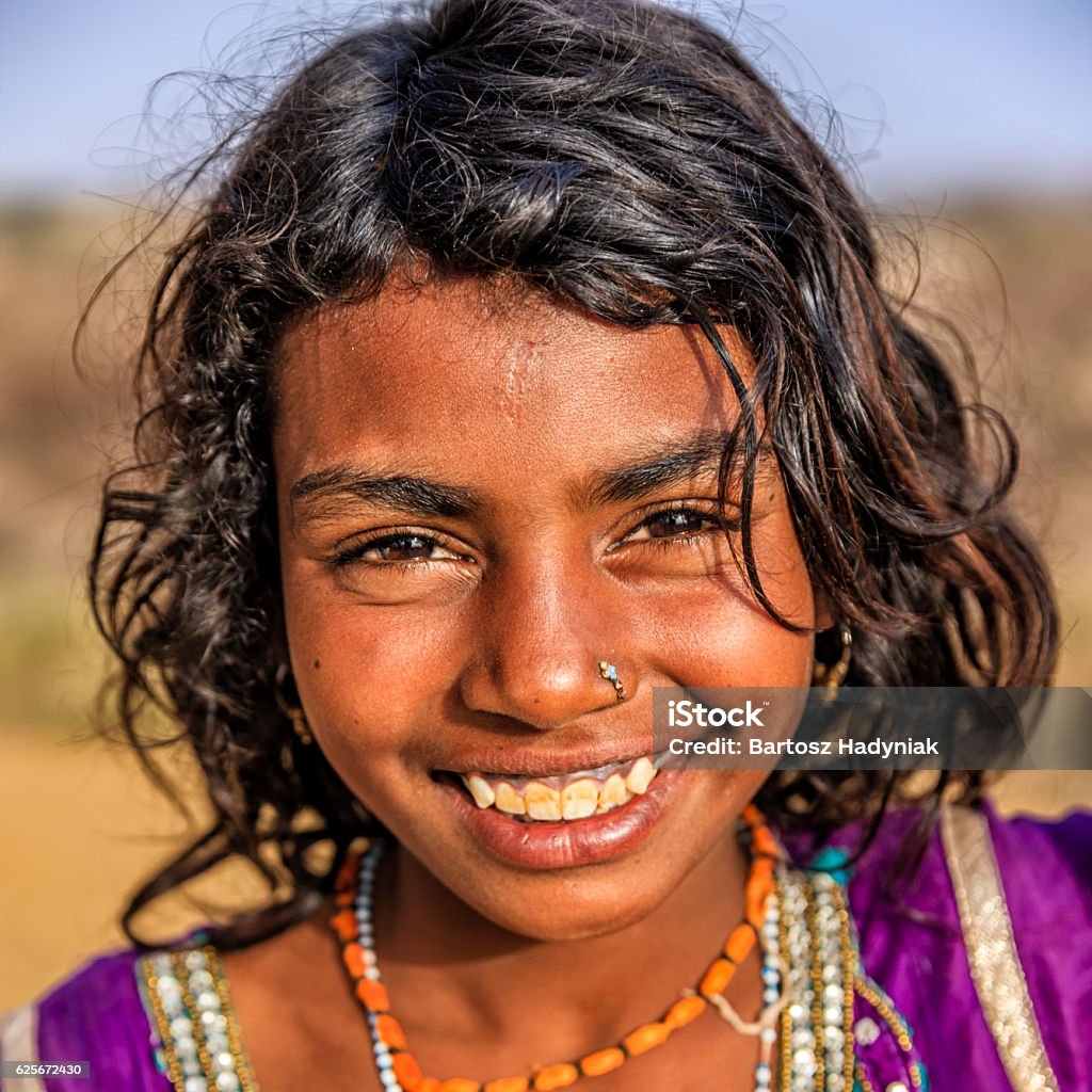Portrait Of Happy Indian Girl In Desert Village India Stock Photo ...