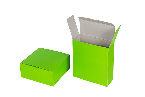 istock Two Green Box with lid open, green paper package isolated 625674672