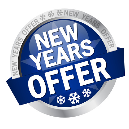 colored button with banner and text New Years Offer