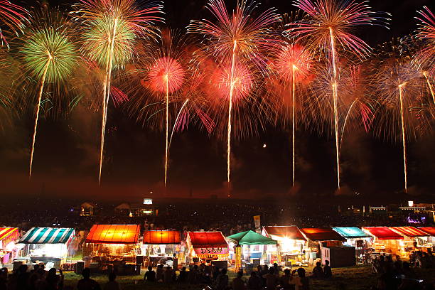 fireworks display festival in sakata, yamagata, japan - prefeitura de yamagata imagens e fotografias de stock