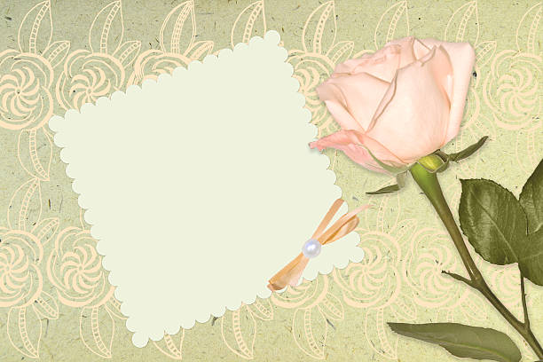 Blank vintage romantic paper with pink rose, floral ornament on the cardboard - beautiful background for invitation, greeting card to Easter, wedding, anniversary, mother's day or Valentine's day.