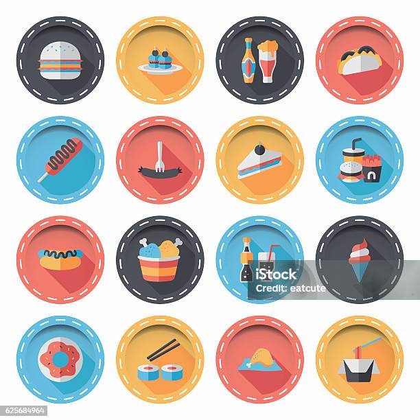 Fastfood And Drinks Icon Set Stock Illustration - Download Image Now - Blue, Bread, Burger