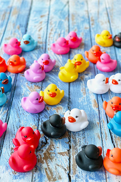 istock Multi-coloured rubber duck couples on an old wooden background. 625685974
