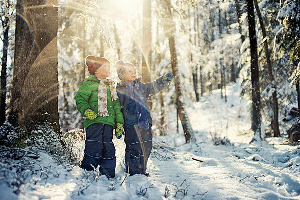 Close up portrait of a boy in winter outerwear against the backdrop of a snow-covered meadow