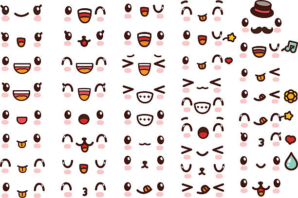 ilustrações, clipart, desenhos animados e ícones de coleção de lindos kawaii emoticon emoji doodle rosto de desenho animado - grapic