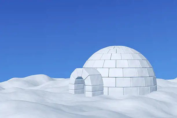 Winter north polar snowy landscape - eskimo house igloo icehouse made with white snow on the surface of snow field under cold north blue sky, 3d illustration.