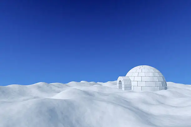 Winter north polar snowy landscape - eskimo house igloo icehouse made with white snow on surface of snow field under cold north blue sky, 3d illustration