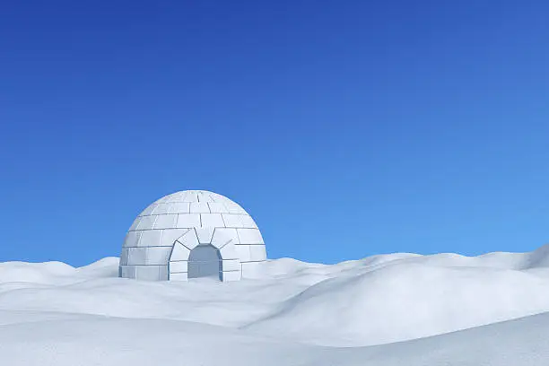 Winter north polar snowy landscape - eskimo house igloo icehouse made with white snow on the surface of snow field under cold north winter blue sky 3d illustration