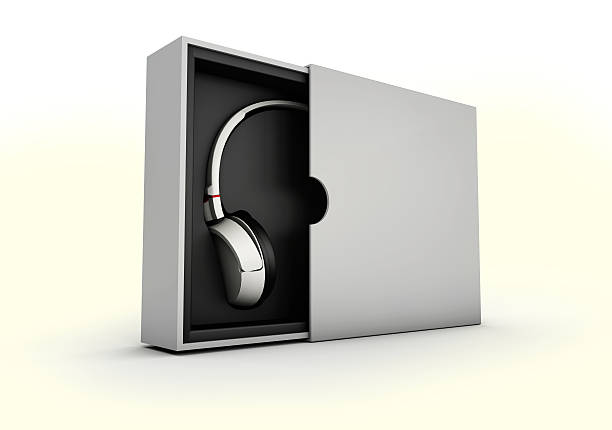 Illustaration of Black and silver headphones in white box on