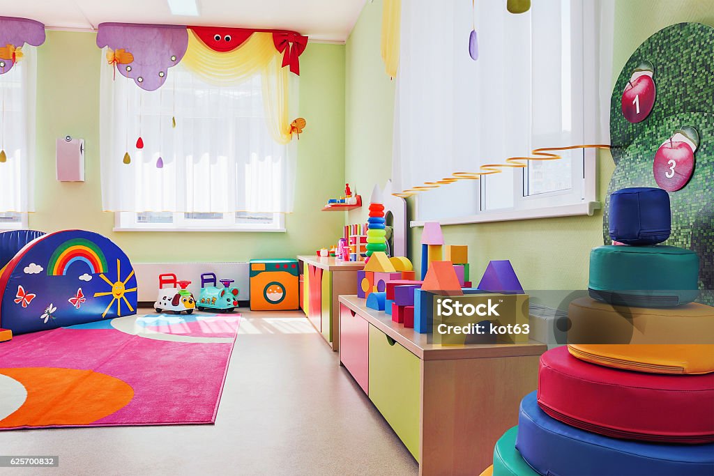 Children's games room. Game room with toys for children. Preschool Stock Photo