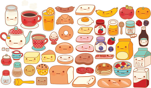 sammlung von schönen baby-frühstück-set doodle-symbol - muffin cheese bakery breakfast stock-grafiken, -clipart, -cartoons und -symbole