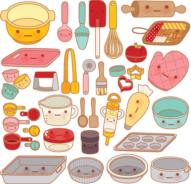 Collection of lovely pastry tool and equipment , cute rolling pi Collection of lovely pastry tool and equipment , cute rolling pin , adorable pan , sweet mitt Isolated on white in girly kawaii manga cartoon style - Vector file EPS10 serving utensil stock illustrations
