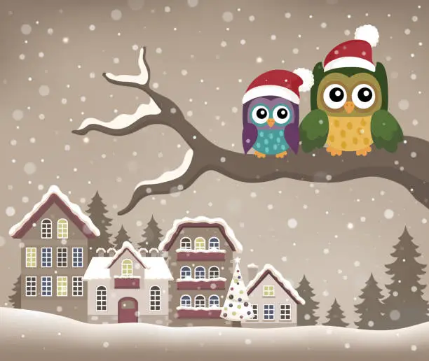 Vector illustration of Christmas owls on branch theme image 1