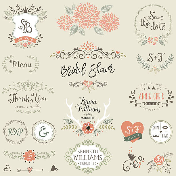 illustrations, cliparts, dessins animés et icônes de éléments de conception de douche nuptiale - wedding flower decor invitation