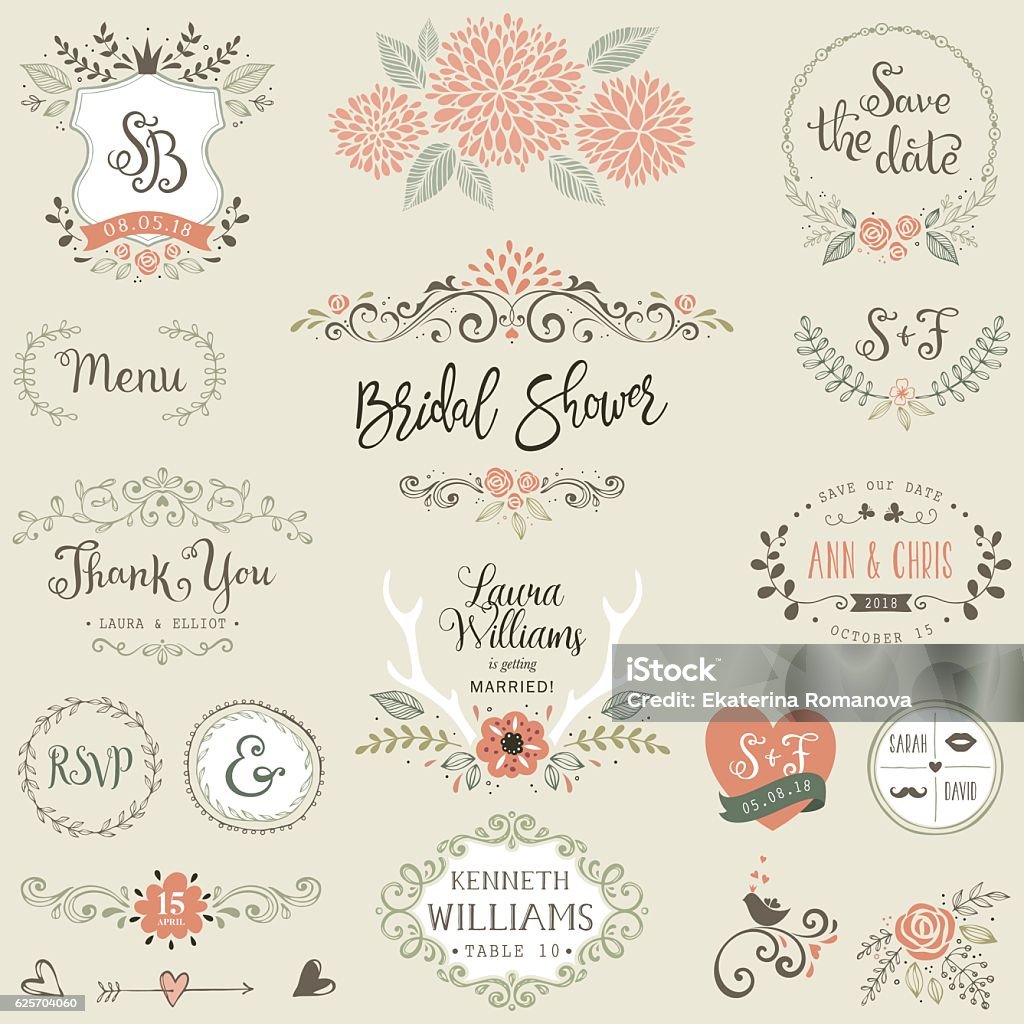 Bridal Shower Design Elements Hand drawn Bridal Shower and Wedding collection with typographic design elements. Ornate motives, branches, wreaths, monograms, frames and flowers. Vector illustration. Flower stock vector
