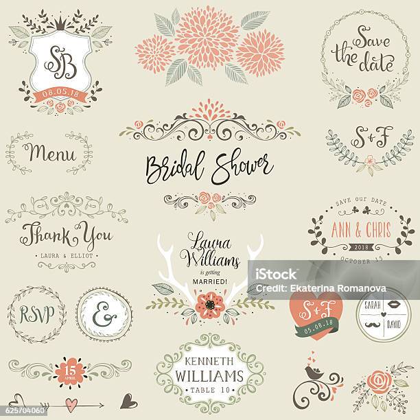 Bridal Shower Design Elements Stock Illustration - Download Image Now - Flower, Bridal Shower, Heart Shape